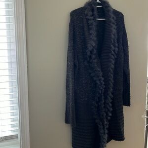 [2XL]Sioni Snap Button Rabbit Fur Trim Mixed Texture Cardigan